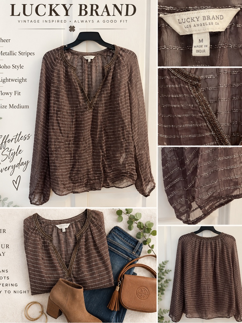 Lucky Brand M Brown Metallic Stripe Sheer Boho Peasant Blouse Top